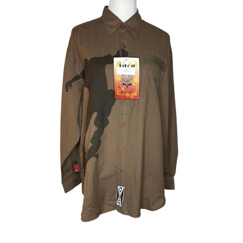 Vintage JNCO Mens Brown Pinstripe Skater Graphic Button Down Shirt NL2605 NWT